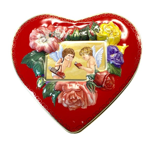 Heart Shape Red Tin Container with Lid Candies Valentine Cherubs Floral - Picture 1 of 5